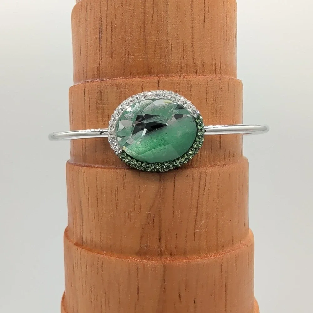 Swarovski Swan Signed Green‎ Crystal Silver Tone Rhodium Plated Bangle Bracelet